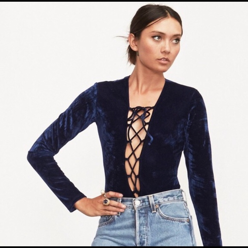 Reformation Avalon Bodysuit in Blue Velvet